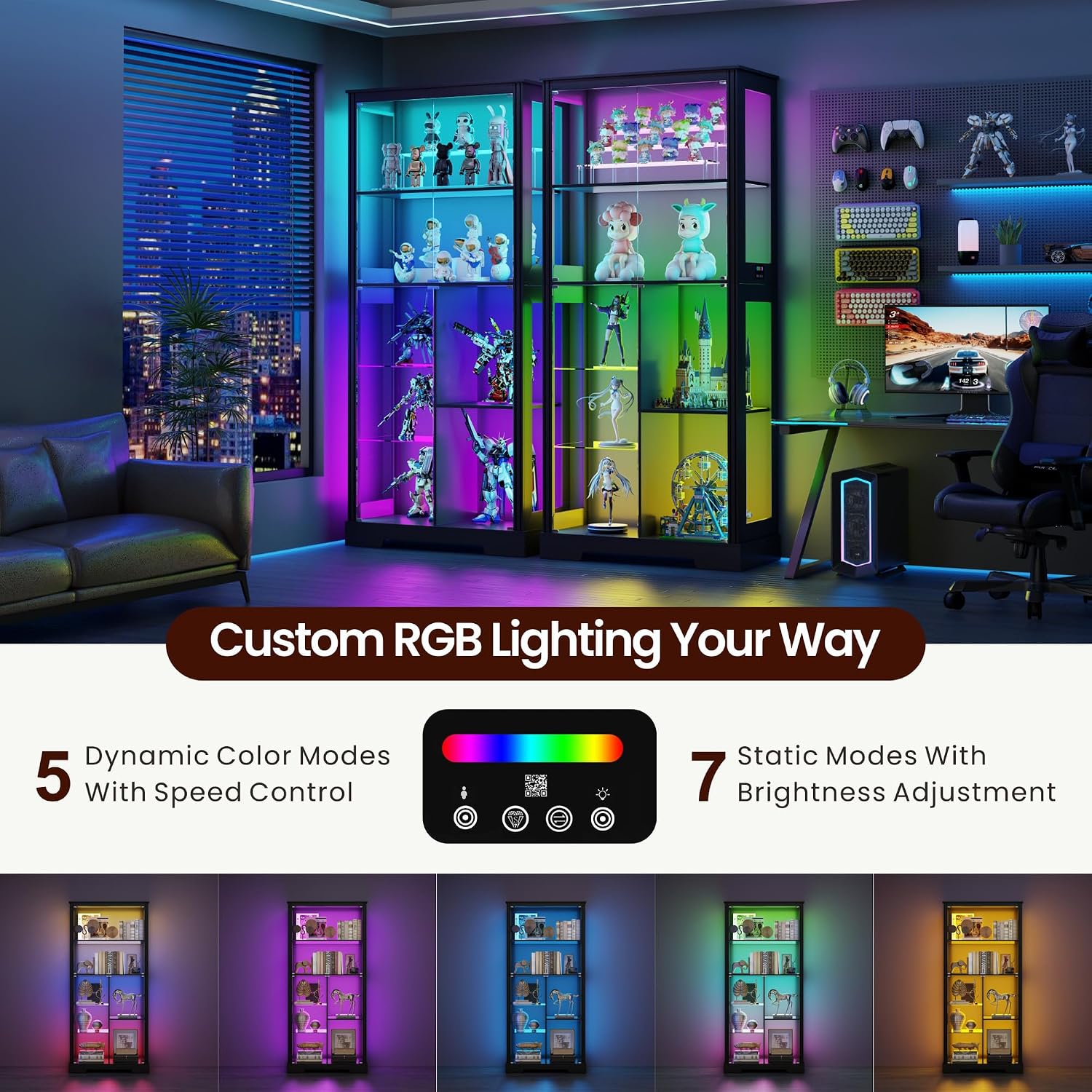 Lvifur 71” Glass Display Cabinet with RGB Light for Collectibles - Black | 4mm Tempered Glass Doors, 7-Tiers Large Storage Capacity, Human Sensor, 12 Color Adsjutable Lights, 7 Shelves, Lockable Door