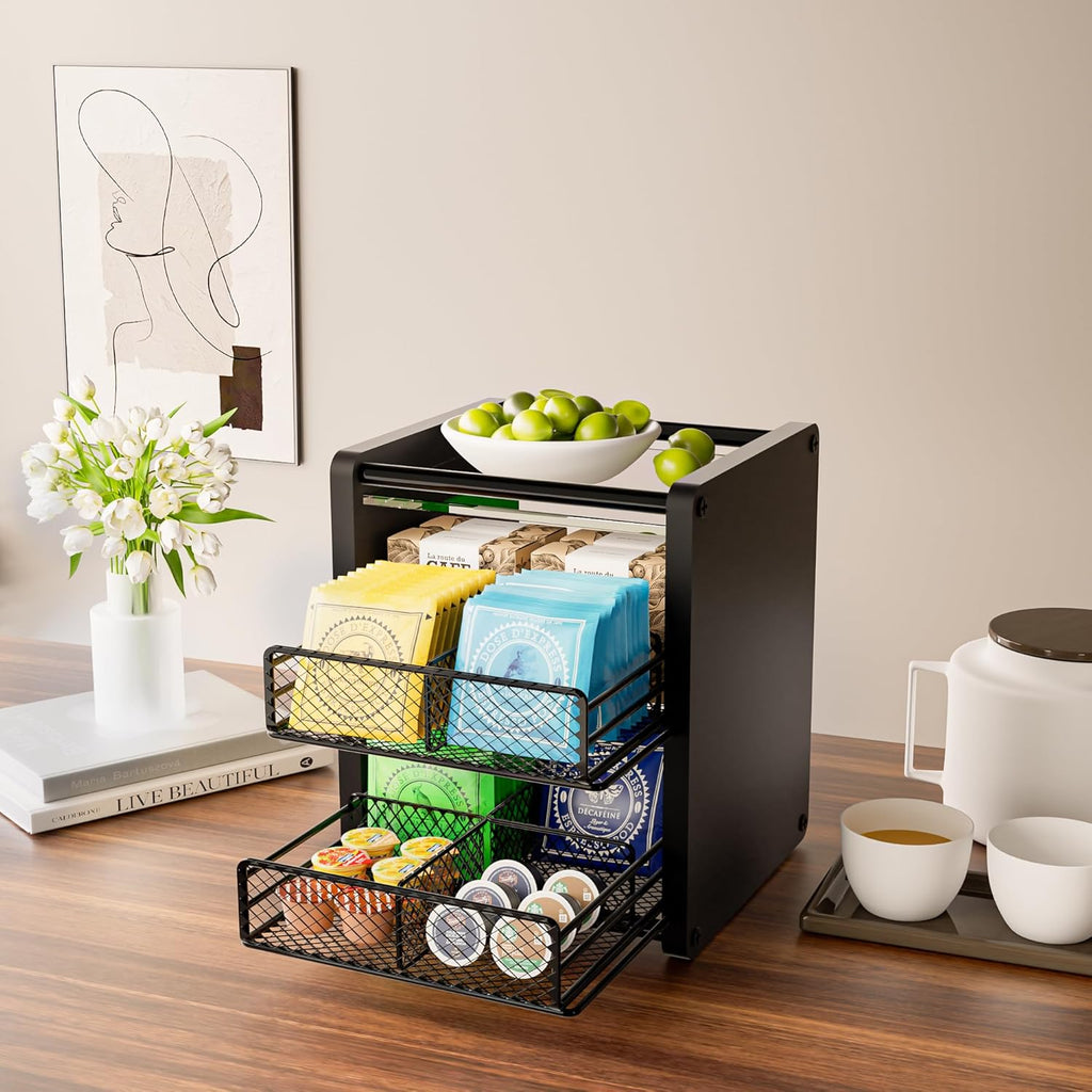Tea Bag Organizer Box - Wooden Tea Bag Storage with 2 Drawers, Holder & Dispenser for Kitchen Countertop, Office, Tea Station (Black)