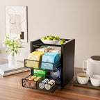 Tea Bag Organizer Box - Wooden Tea Bag Storage with 2 Drawers, Holder & Dispenser for Kitchen Countertop, Office, Tea Station (Black)