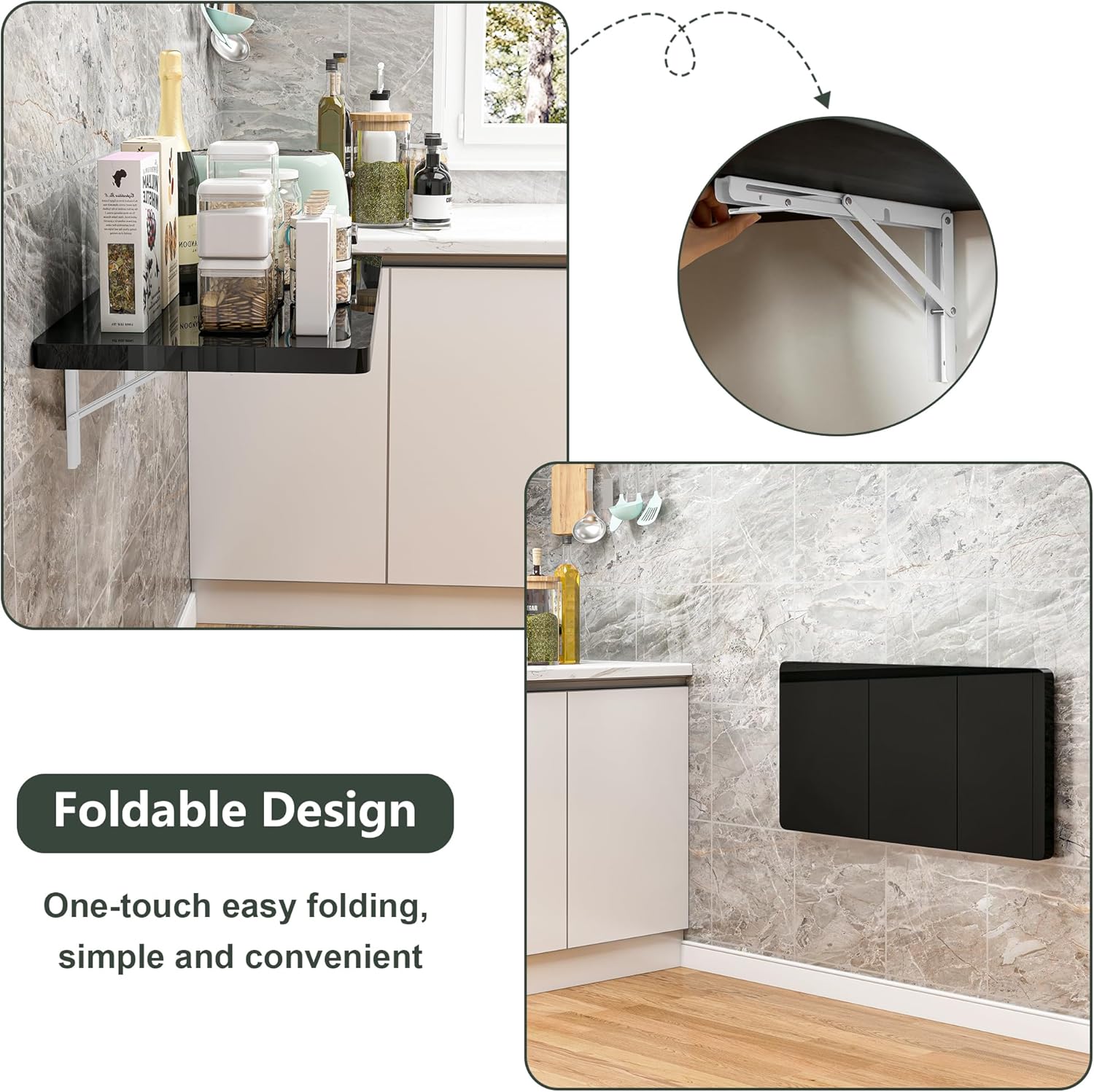 Clikuutory Wall Mounted High Gloss Folding Table, Wall Desk Fold Down for Small Spaces, Folding Workbench for Laundry Room, Home Office, Kitchen, Bedroom, Home Bar, Black(31.5"×15.7")