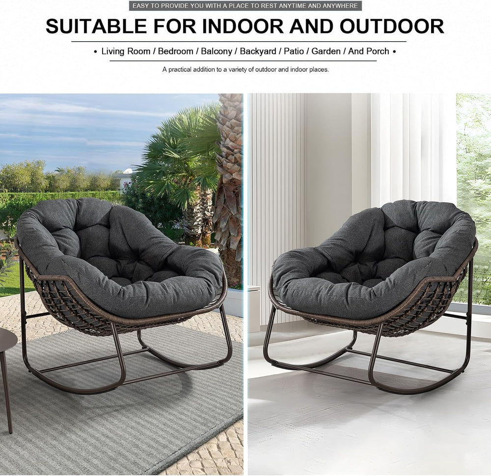 Outdoor Rocking Chair Set of 2, Patio Oversized Wicker Egg Rocking Chair, Ind...