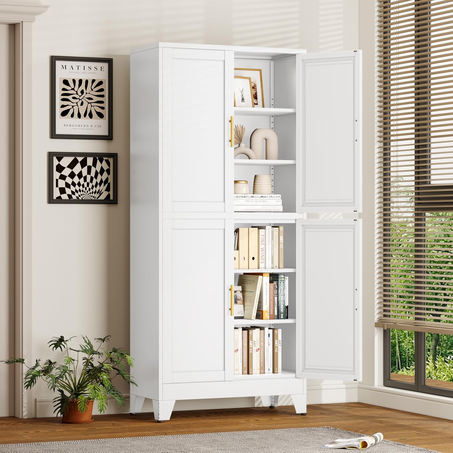 pozdeg 75" H Tall Metal Storage Cabinet with 4 Doors, Metal Kitchen Pantry Cabinet with 4 Adjustable Shelves, Freestanding Cupboard for Kitchen Dining Room Living Room Bathroom (White)
