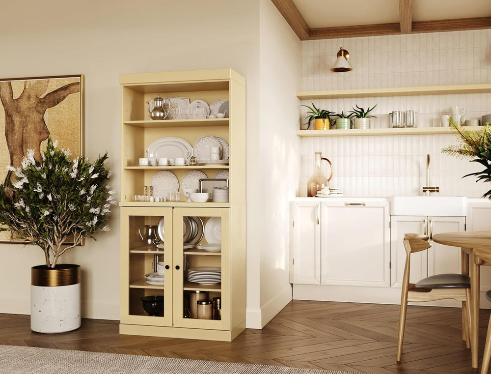 Palace Imports 100% Solid Wood Kitchen Pantry w/ 2 Glass Doors, Yellow, 32&qu...