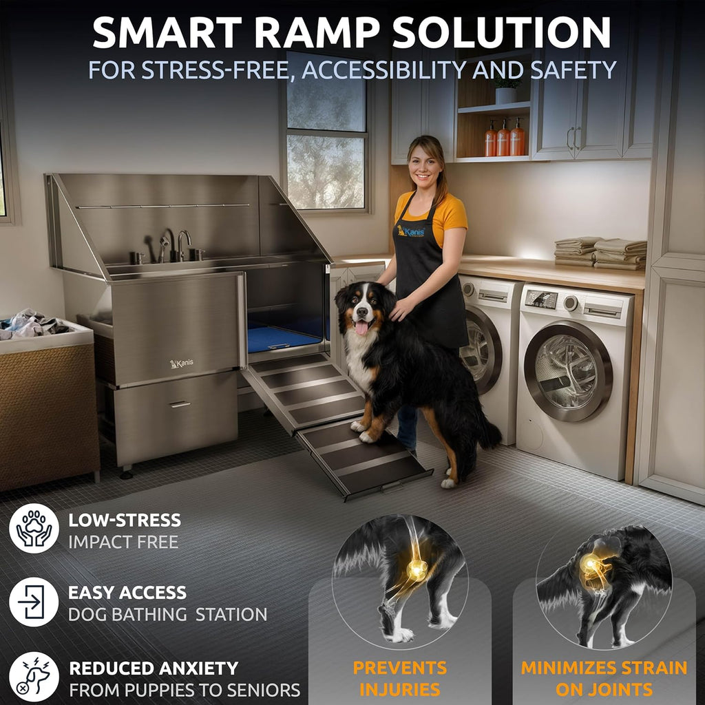 KANIS Professional Dog Washing Station - 304 Stainless Steel Pet Wash Sink & Grooming Bathtub w/Shower, Floor Grates and Storage for Large, Medium & Small Pets (50", 1 Drawer - Right Ramp)