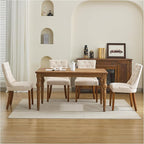 Upholstered Tufted Dining Chairs Set of 2, Fabric Side Dining Room Chairs with Nailhead Back Ring Pull Trim Solid Wood Legs, Beige