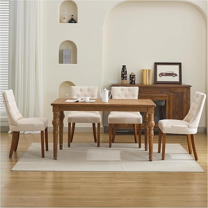 Upholstered Tufted Dining Chairs Set of 2, Fabric Side Dining Room Chairs with Nailhead Back Ring Pull Trim Solid Wood Legs, Beige