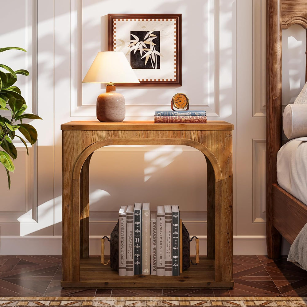 Tribesigns Arched Side Table, 2-Tier Farmhouse Solid Wood End Table with Bott...