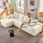 135" Cloud Sectional Couch with L-Shape Chaise, Modern Modular Comfy Sofa with Deep Seat, Upholstered Corduroy Couches Sleeper Chaise Longue for Living Room Bedroom, No Assembly Required, White