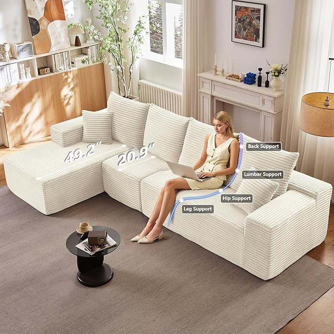 135" Cloud Sectional Couch with L-Shape Chaise, Modern Modular Comfy Sofa with Deep Seat, Upholstered Corduroy Couches Sleeper Chaise Longue for Living Room Bedroom, No Assembly Required, White