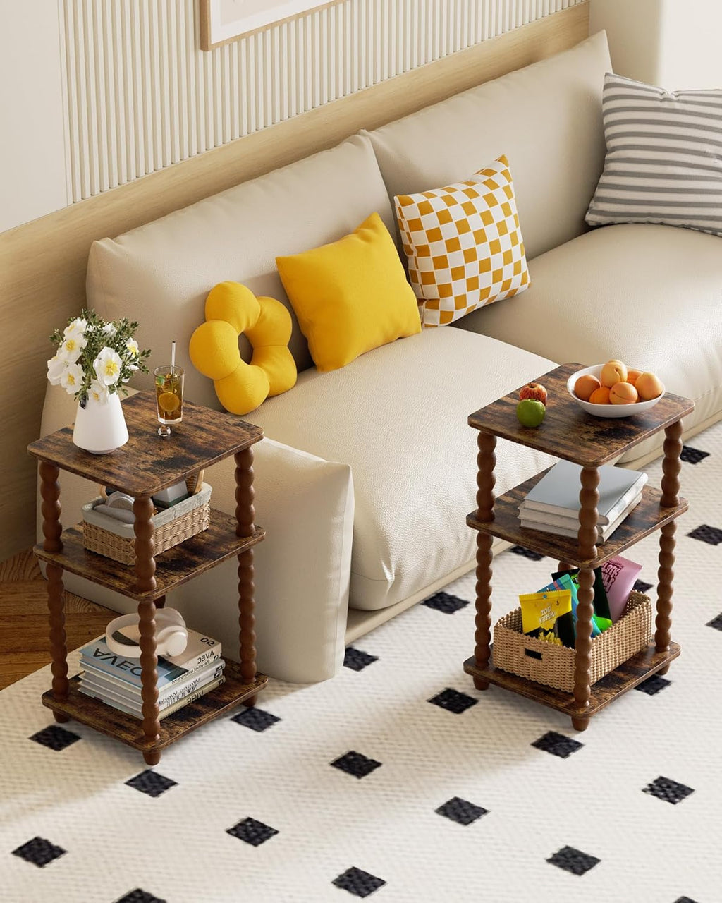 Tohiasen 3 Tier Side Table - Compact End Table with Solid Wood Legs, Small Nightstand with Open Shelves for Living Room Bedroom Office Nursery Small Spaces (Rustic Brown, Rectangular)