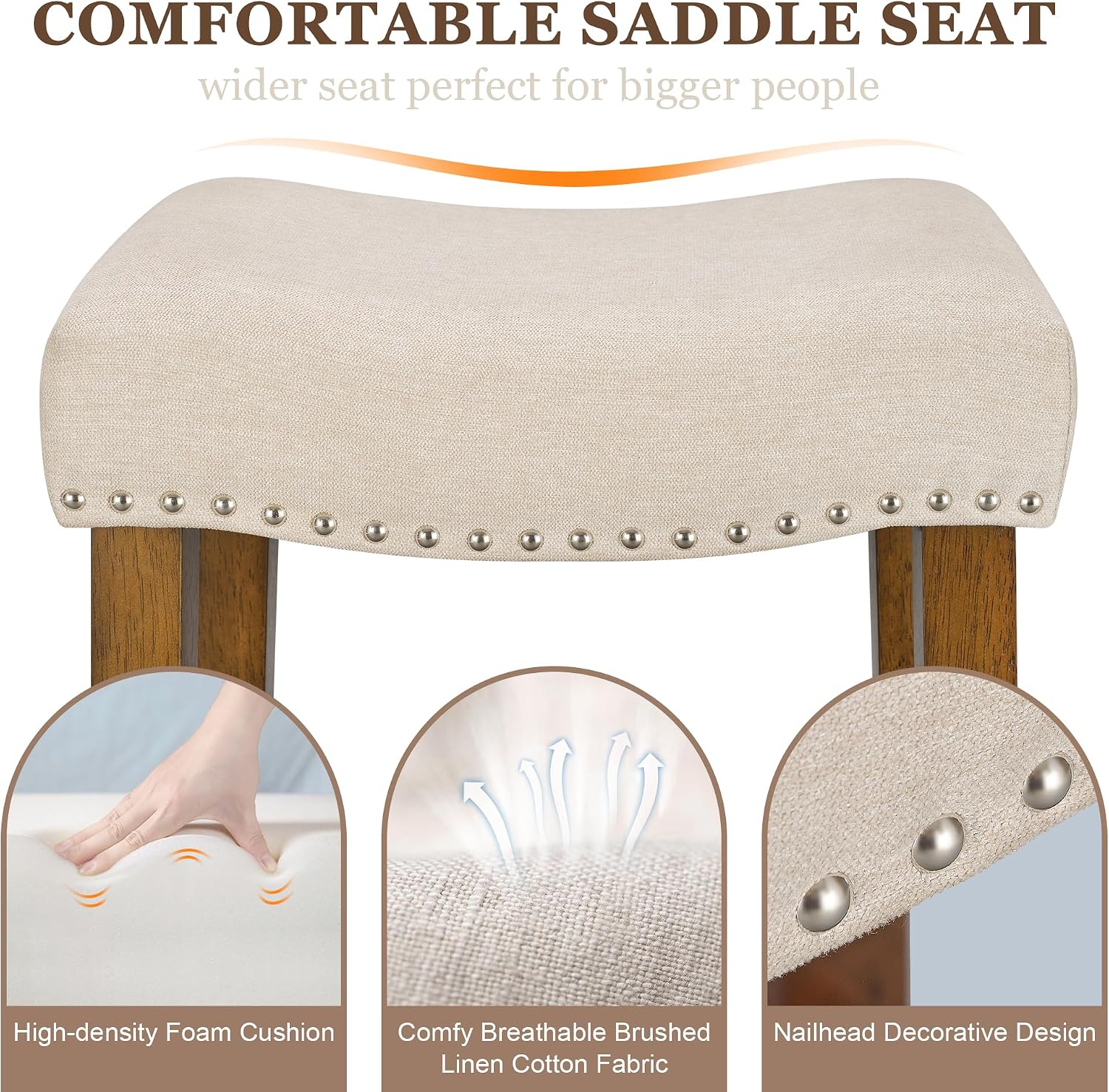 PrimeZone 26 Inch Solid Wood Saddle Backless Bar Stools Set of 2, Beige | Counter Height Barstools with Footrest & Nailhead Trim, Modern Farmhouse Upholstered Linen Counter Stools for Kitchen Island