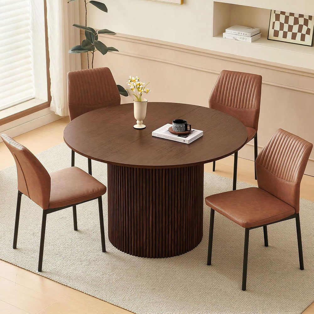 Dining Table Set for 4, 47" Wooden Round Kitchen Table with PU Leather C...