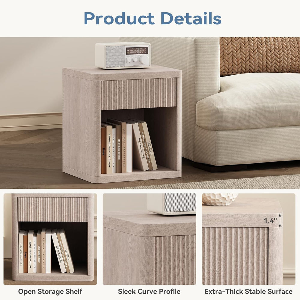 OLIXIS Set of 2 Modern Nightstand, 22.7" Fluted Drawer Wood Bedside Tabl...