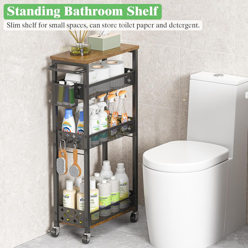 4 Tier Slim Rolling Storage Cart Laundry Room Organzier with Wheels | Small metal bathroom cart，kitchen organizer, trolley with handle and mesh basket, 7.1 inch width for narrow space, black