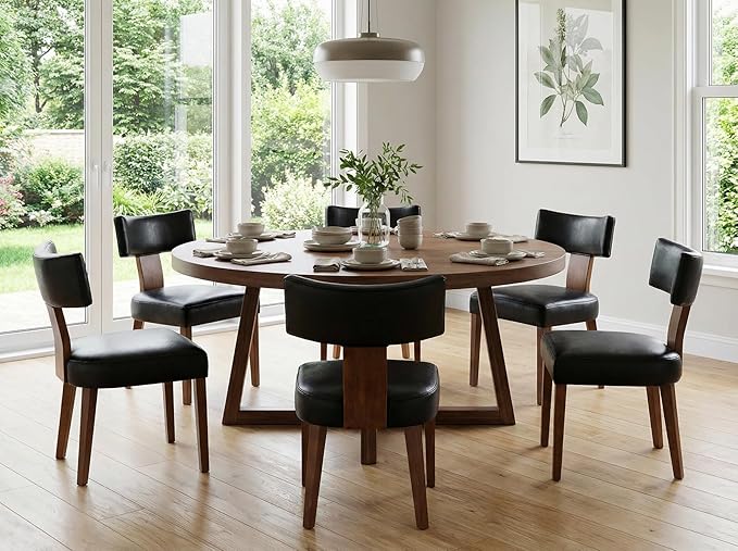 Mid Century Modern Dining Chairs Set of 6 PU Leather Upholstered Side Chairs, Modern Kitchen Armless Parson Chairs Solid Wood Dining Chairs, Black