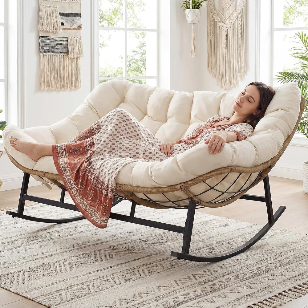 RADIATA Double Egg Rocking Chair for 2, Oversized Rattan Recliner Loveseat wi...