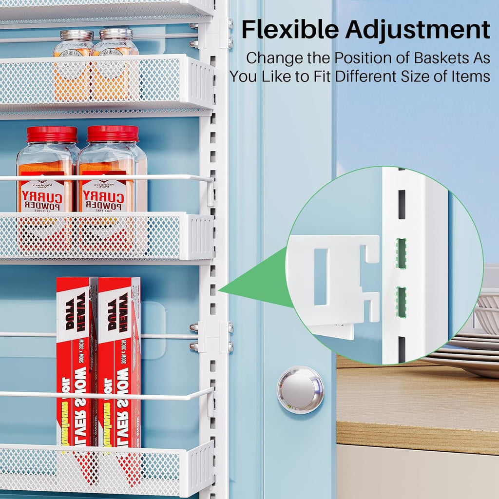 SNTD Over the Door Pantry Organizer - 8 Tier Adjustable Pantry Door Spice Organizer, Large Capacity Hanging Door Spice Rack for Kitchen Pantry Organizers and Storage (White, 17" W x 6" D x 69" H)