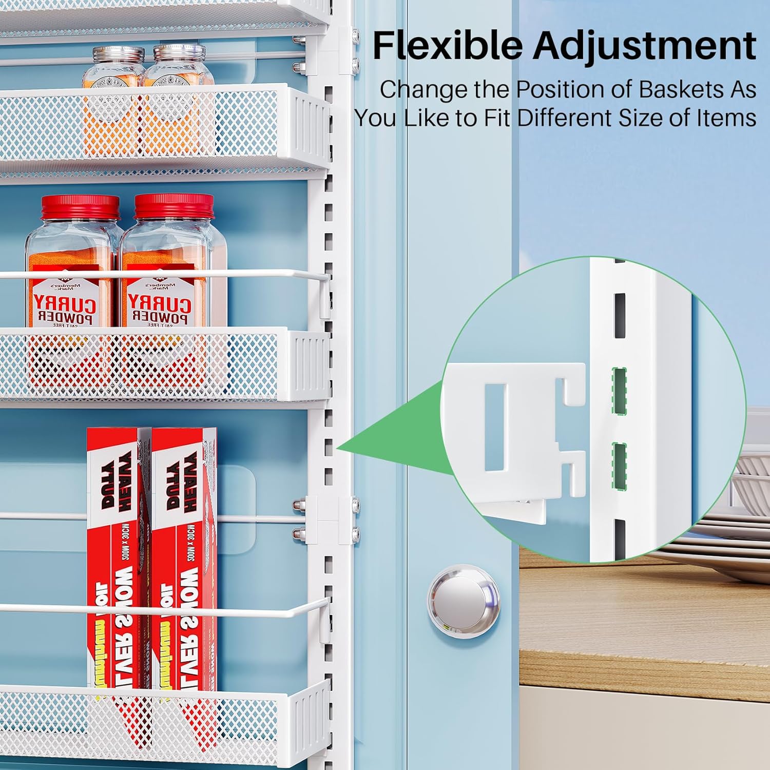 SNTD Over the Door Pantry Organizer - 8 Tier Adjustable Pantry Door Spice Organizer, Large Capacity Hanging Door Spice Rack for Kitchen Pantry Organizers and Storage (White, 17" W x 6" D x 69" H)