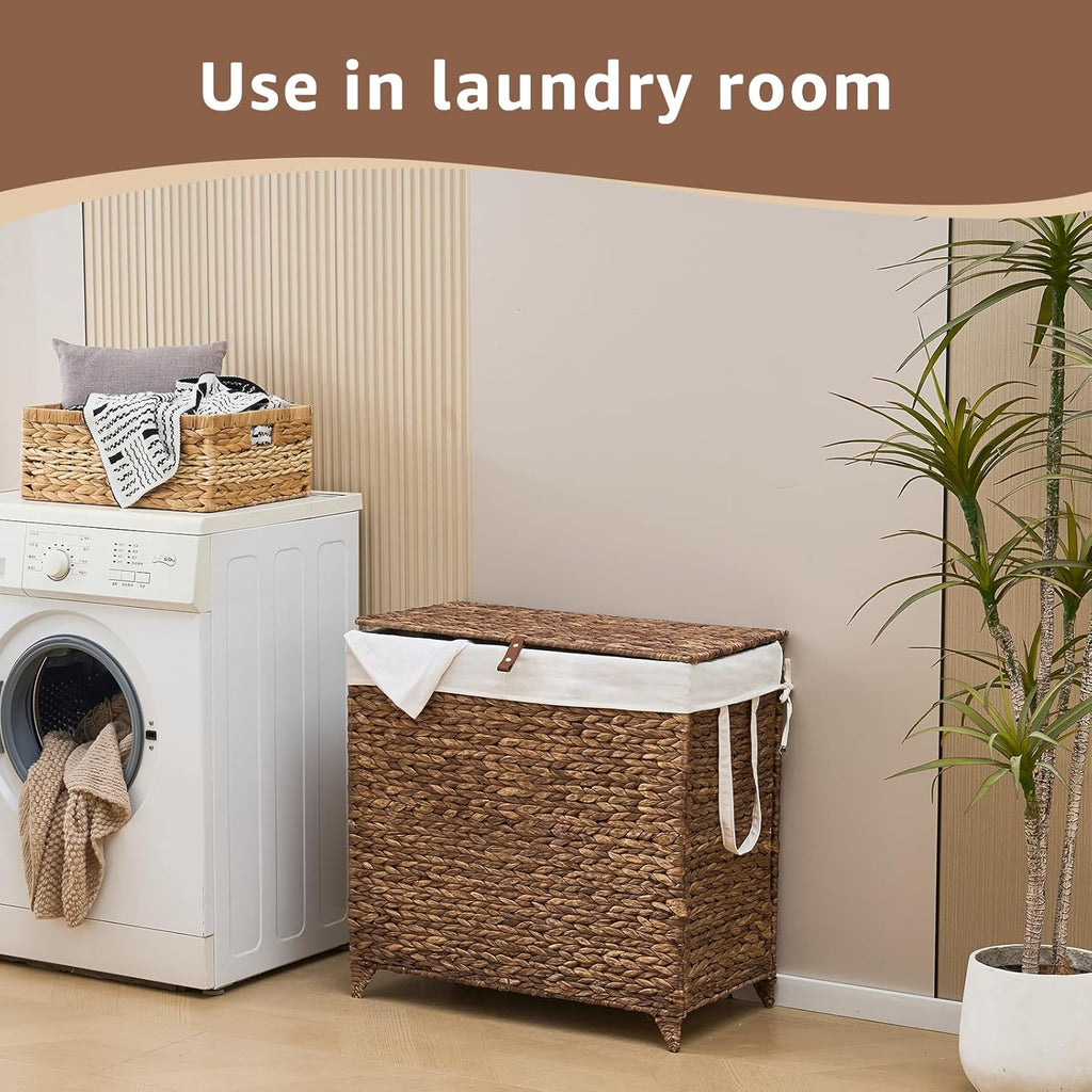 Laundry Hamper with Lid and Removable Liner Bag, Handwoven Natural Hyacinth Clothes Hamper with Heightened Feet, Wicker Laundry Basket for Clothes and Towels，Large, 2-sections