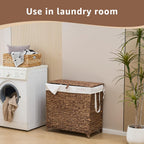 Laundry Hamper with Lid and Removable Liner Bag, Handwoven Natural Hyacinth Clothes Hamper with Heightened Feet, Wicker Laundry Basket for Clothes and Towels，Large, 2-sections