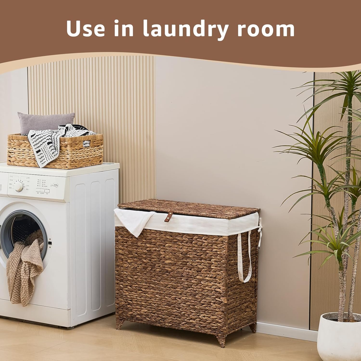 Laundry Hamper with Lid and Removable Liner Bag, Handwoven Natural Hyacinth Clothes Hamper with Heightened Feet, Wicker Laundry Basket for Clothes and Towels，Large, 2-sections