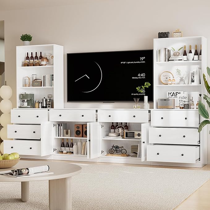 TUSY 71" Large TV Stand Set - TV Entertainment Center for TVs up to 65", Media Center with Tempered Glass Doors and Drawer, TV Hutch with Bookshelves for Living Room (White, BFFB)