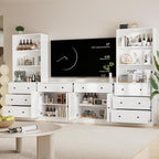 TUSY 71" Large TV Stand Set - TV Entertainment Center for TVs up to 65", Media Center with Tempered Glass Doors and Drawer, TV Hutch with Bookshelves for Living Room (White, BEEB)