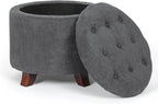 Athena Collection 20 Inch Small Ottoman with Storage, Round Linen Fabric Storage Ottoman with Removable Lid, Stylish Footstool Foot Rest for Living Room, Bedroom, Dorm, Dark Grey