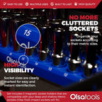 Olsa Tools Magnetic Socket Organizer | 3 Piece Socket Holder Kit | 1/2-Inch, 3/8-Inch, 1/4-Inch Drive | Metric Blue | Holds 75 Sockets | Professional-Grade