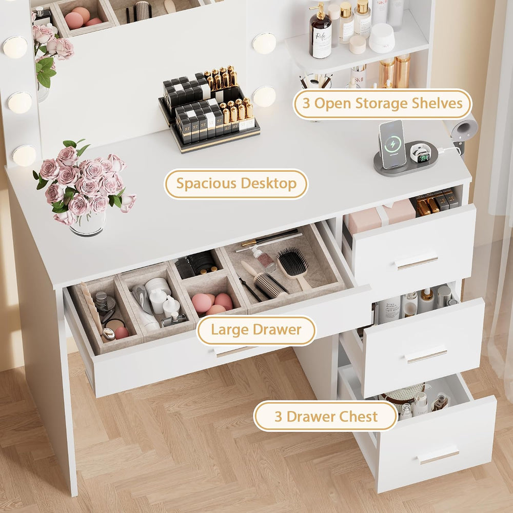 Furmax Vanity Desk with LED Lighted Mirror&Power Outlet, Makeup Vanity Ta...
