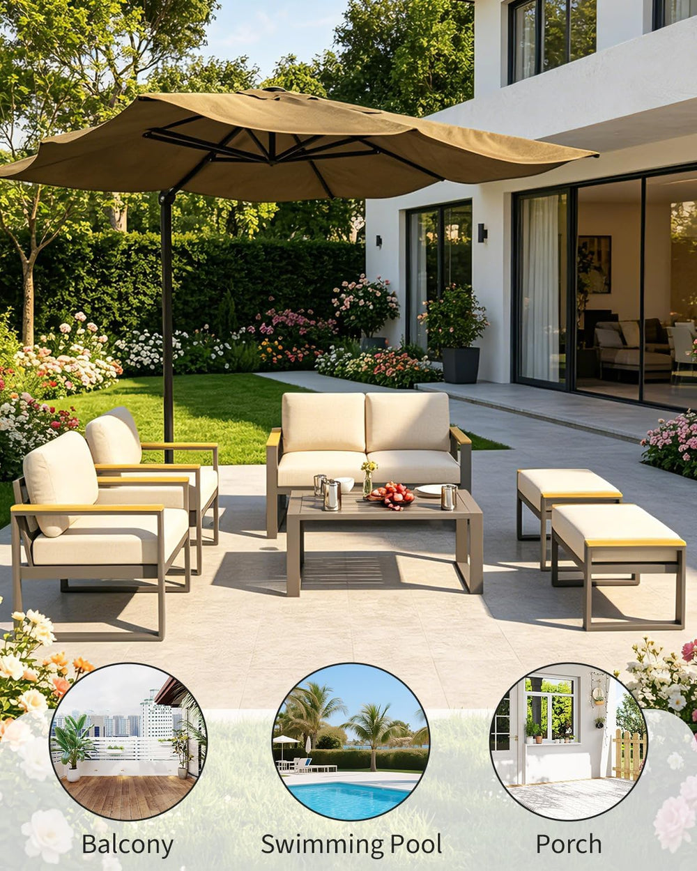 IDEALHOUSE Outdoor 2 Pieces Aluminum Patio Ottoman, Outdoor Footstool with Se...