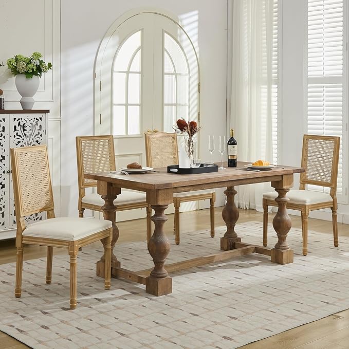 French Country Dining Chairs Set of 6, Cream Kitchen & Dining Room Chairs Set of 6, Ivory Rattan Dining Chairs, Cane High Back, Wood Legs, Sillas De Comedor (Rattan, Beige, 6Pcs)