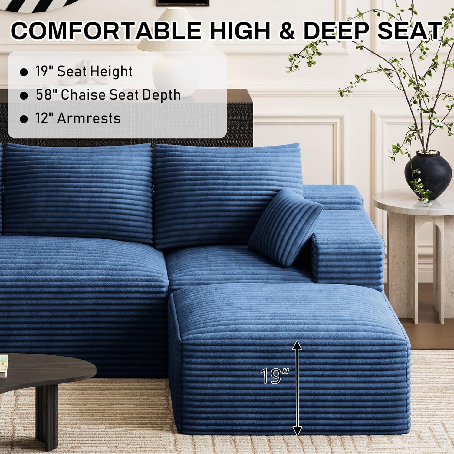 Modular Sectional Sofa Cloud Couch, 108'' Comfy U Shaped Sectional Couches for Living Room, Deep Seat Cozy Fluffy Corduroy Boneless Couch Sectionals Sofa with Movable Ottomanm, Blue