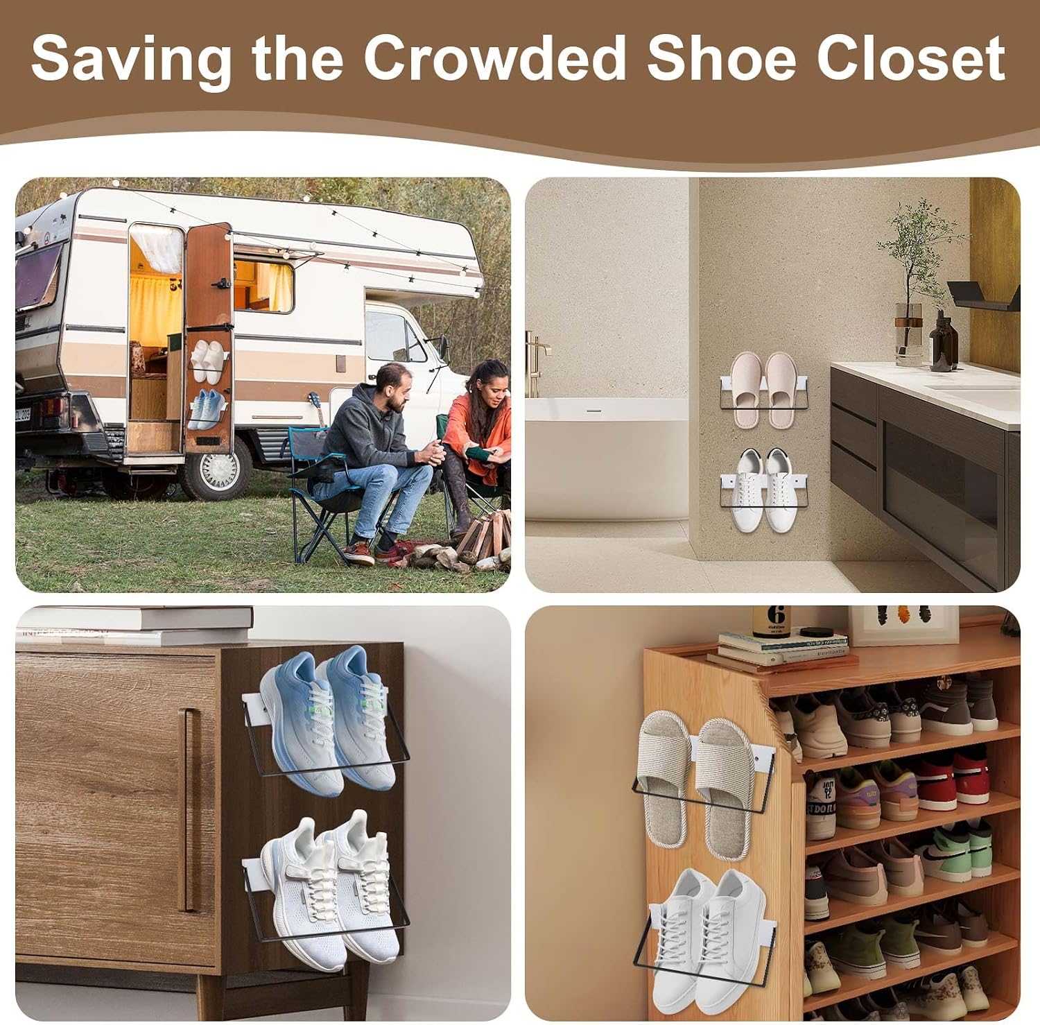 SCUNDA 2-Pack Wall Mounted Shoe Rack, Wooden & Metal Foldable Shoe Rack - Space Saving Wall Shoe Holder for Entryway, RV, Camper, Closet, Apartment, Fits Various Shoes-White
