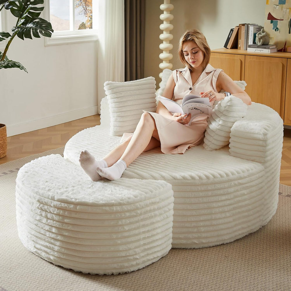 74.6" Oversized Round Chaise Lounge Chair with Ottoman Indoor, Fluffy Up...