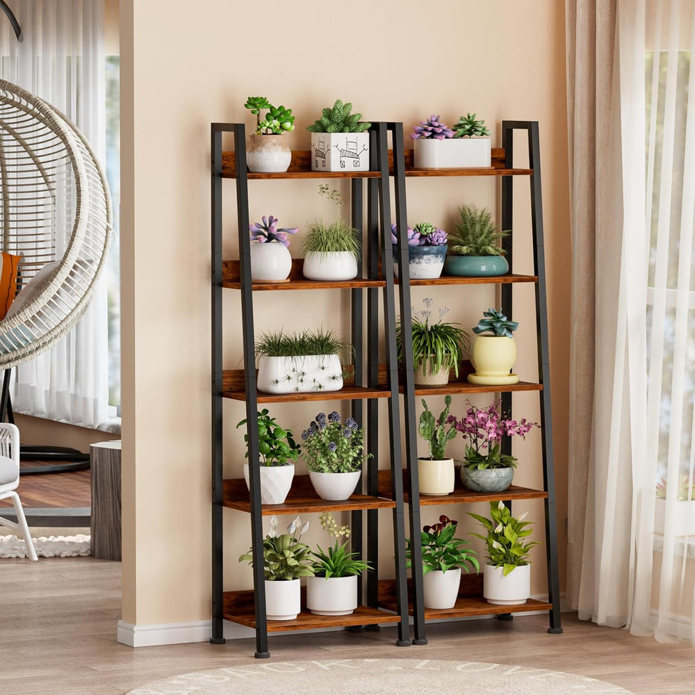 Furologee 5-Tier Ladder Shelf, Ladder Bookshelf with Removable Drawer, Rustic...