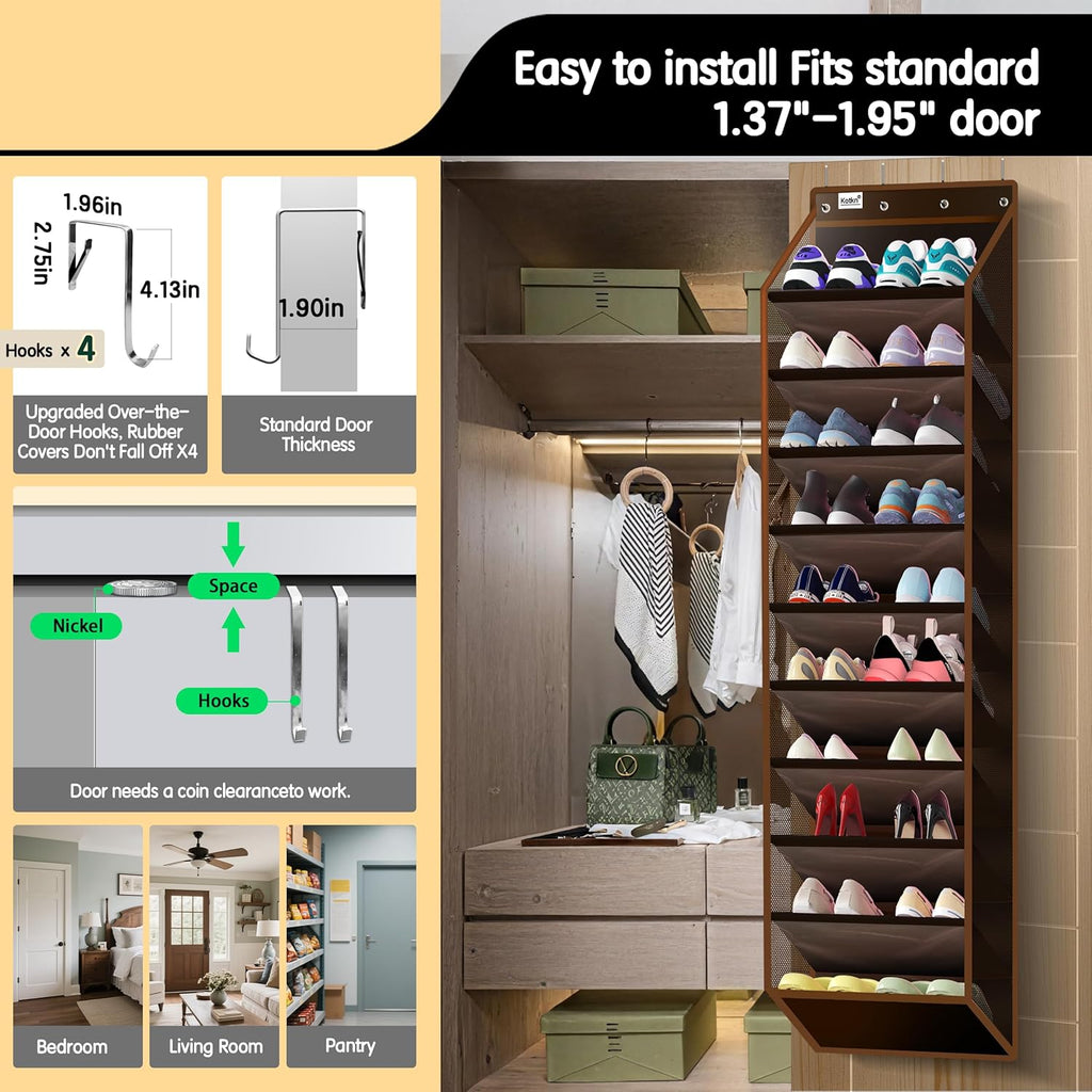 10 Tier Over The Door Organizer - Heavy Duty Hanging Storage Rack with Sturdy Oxford Fabric, Holds 20+ Pairs of Footwear, Boots & Sneakers, Saves 50% Closet Space (Dark Curry)