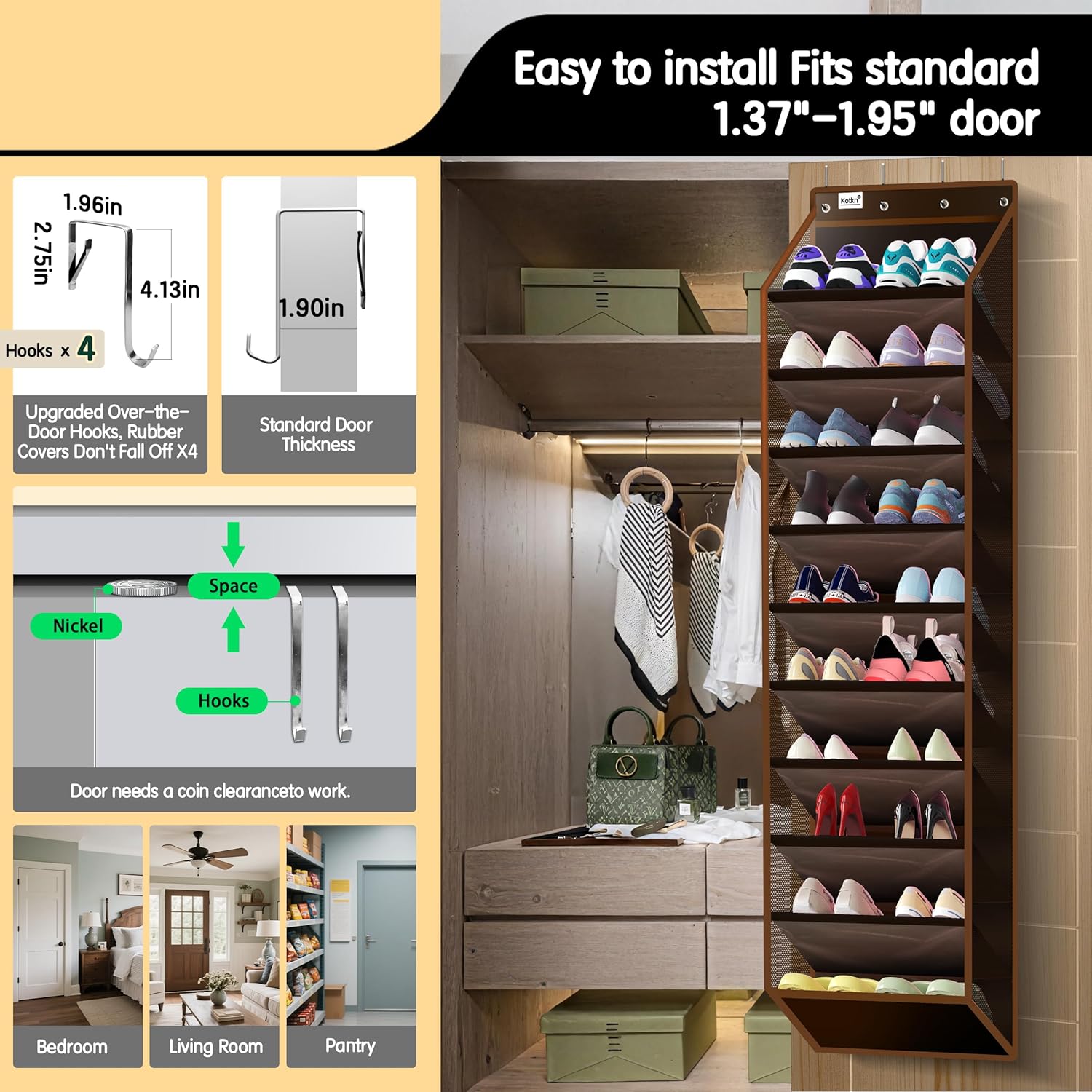 10 Tier Over The Door Organizer - Heavy Duty Hanging Storage Rack with Sturdy Oxford Fabric, Holds 20+ Pairs of Footwear, Boots & Sneakers, Saves 50% Closet Space (Dark Curry)
