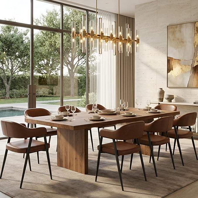 HNY Modern Dining Room Arm Chairs Set of 6, Retro Faux Leather Upholstered Barrel Dining Chairs with Arms Mid-Century Brown Accent Chair with Metal Legs, Open-Back Kitchen Side Chair for Living Room