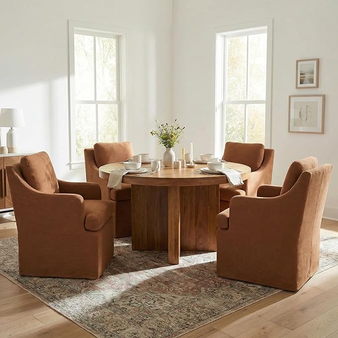 VKNOW Upholstered Dining Chairs, Modern Kitchen Chairs Dinner Chairs with 4 Casters, Chenille Armchair for Bedroom Reading Room Living Room, Orange