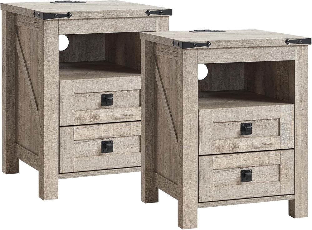 T4TREAM Farmhouse Nightstand Set of 2, Rustic End Table with 2 Drawers, Charg...