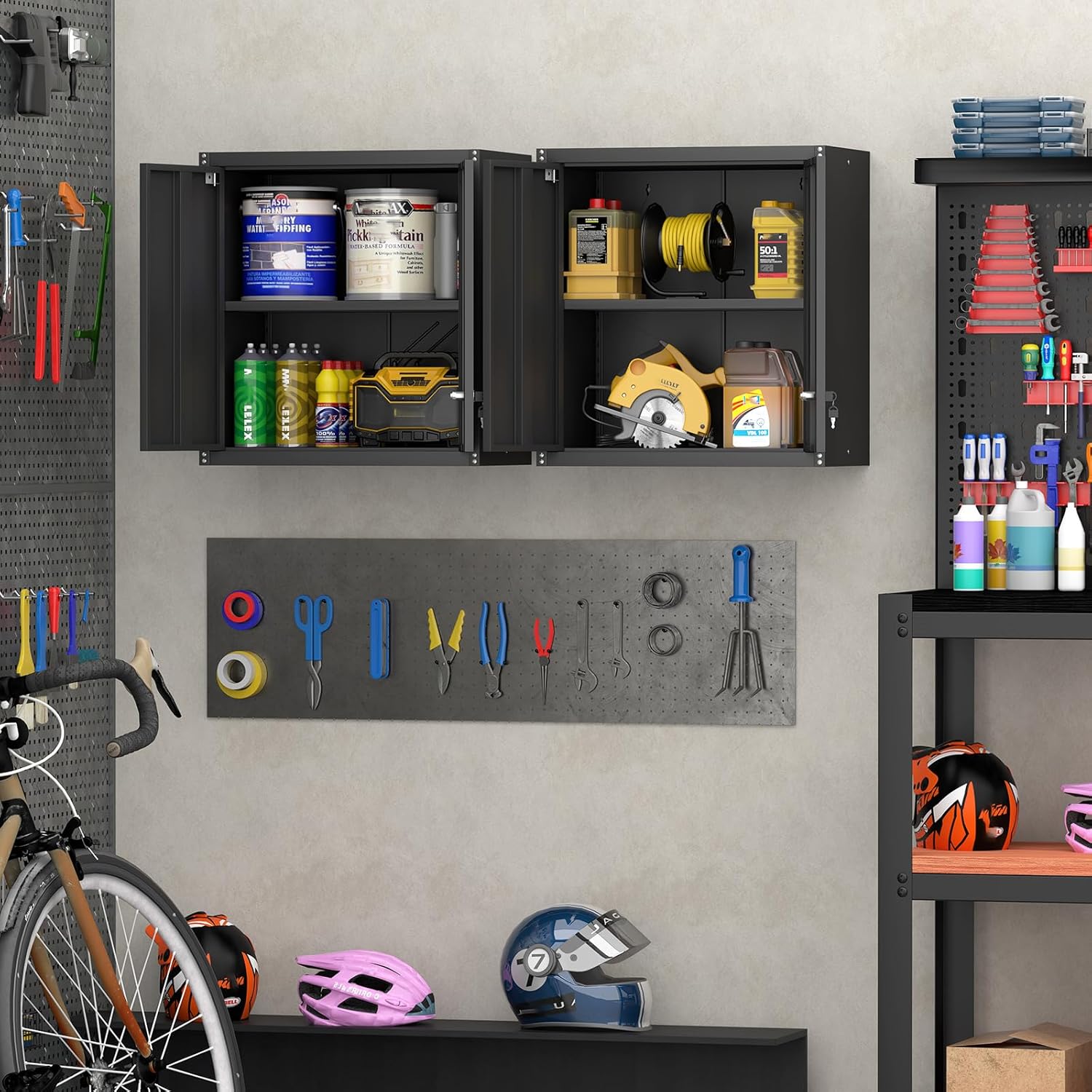 Steel Wall Cabinet, Metal Locking Wall Cabinet, Wall Hanging Metal Cabinet for Garage Tool Storage, Wall Mount Tool Cabinet for Garage, Laundry Room, Pantry, Black