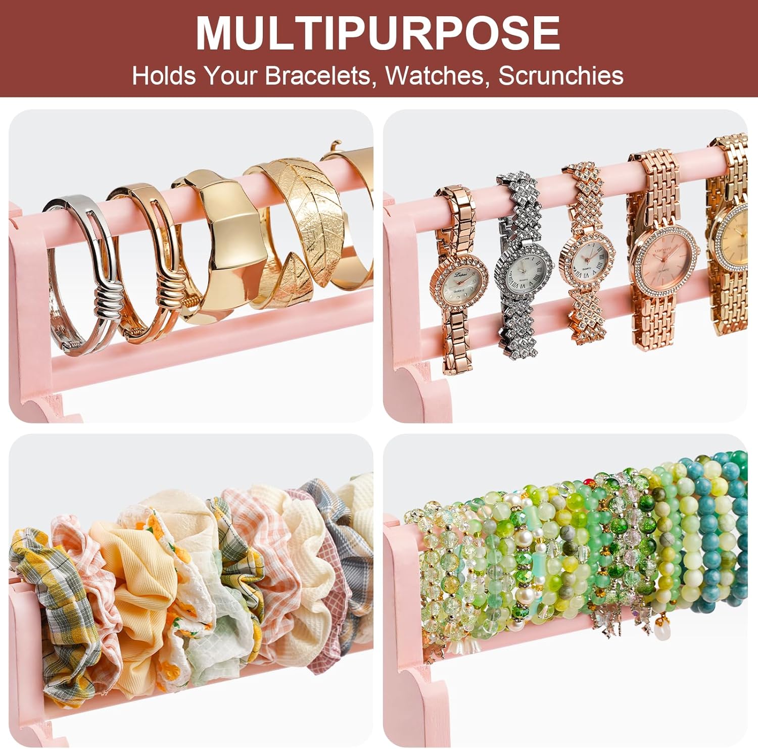 Emfogo Bracelet Holder, 4 Tier Bracelet Organizer Storage for Bracelets Bangles Watch Scrunchies, Rustic Wood Jewelry Organizer Display for Home, Vendors, Craft Shows and Store(Pink)