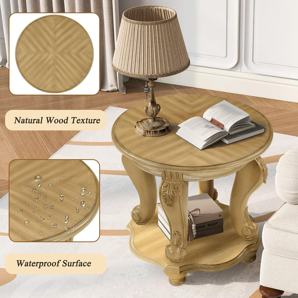 KEIKI Solid Rubber Wood Round Side End Table with Storage Shelf, Traditional ...