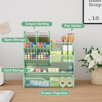 Marbrasse Mesh Pen Holder for Desk, Multi-Functional Pencil Organizer with Drawer, Desk Organizers and Accessories for Office Art Supplies (Green)