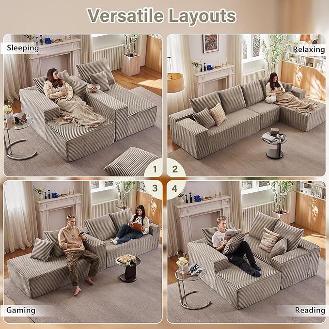 135" Cloud Sectional Couch with L-Shape Chaise, Modern Modular Comfy Sofa Chaise Longue, Upholstered Corduroy Couches Sleeper with Deep Seat for Living Room Bedroom, No Assembly Required, Camel