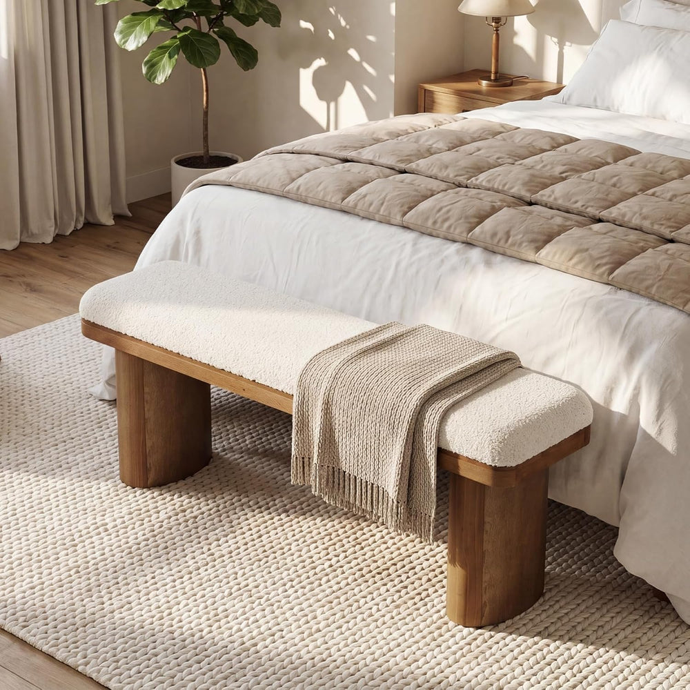 LITTLE TREE 47'' Boucle Upholstered Bench, Modern Solid Fir Entryway ...