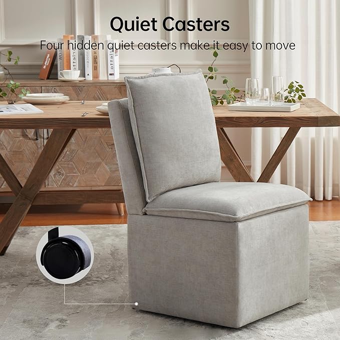 VKNOW Upholstered Dining Chairs Set of 2, Modern Rolling Chairs with Storage and Wheels, Linen Armless Chair with Cushion and Backrest, Dining Room Chairs for Living Room Kitchen Bedroom, Light Grey