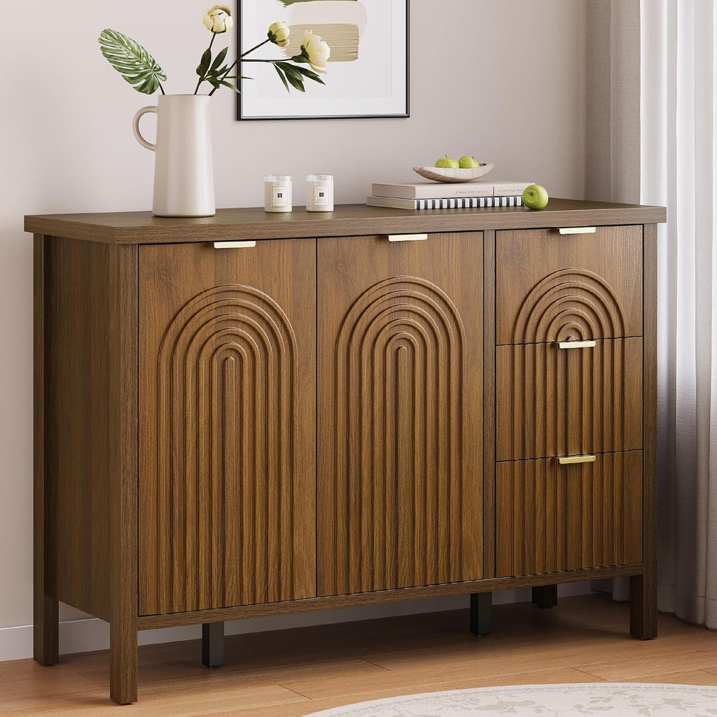 Sideboard Buffet Cabinet with Storage - Fluted Accent Coffee Bar Cabinets Kitchen Credenza with Drawers & Doors, Wood Console Side Board with Adjustable Shelf for Living Room Entryway, Walnut