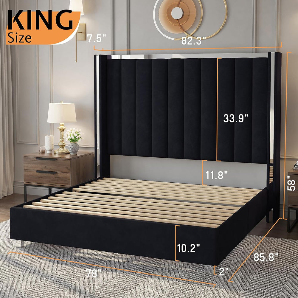 Jocisland King Size Upholstered Bed Frame with 58" Tall Headboard, Black